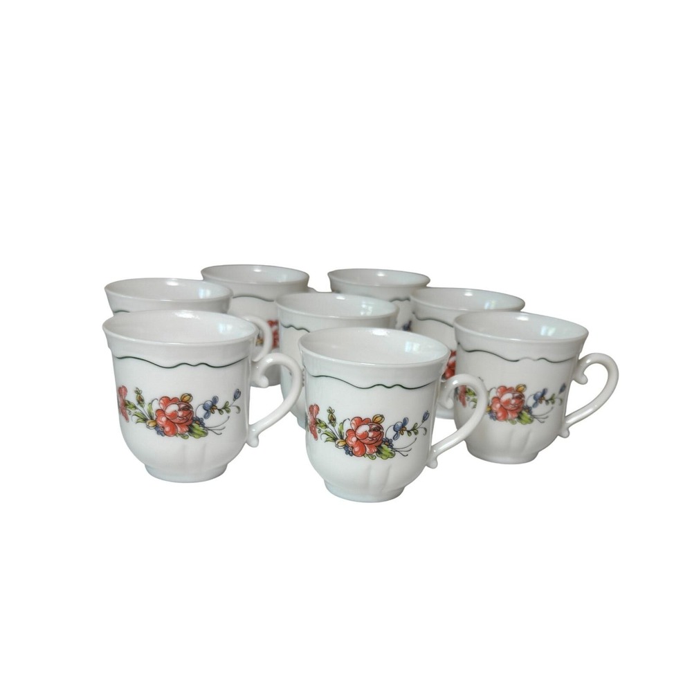 Vintage Arcopal France "Scania" Floral Cups Set of 8 Opal Glass Teacups 1970s
